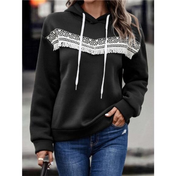 Fringe Detail Long Sleeve Drawstring Hoodie - Picture 12 of 16